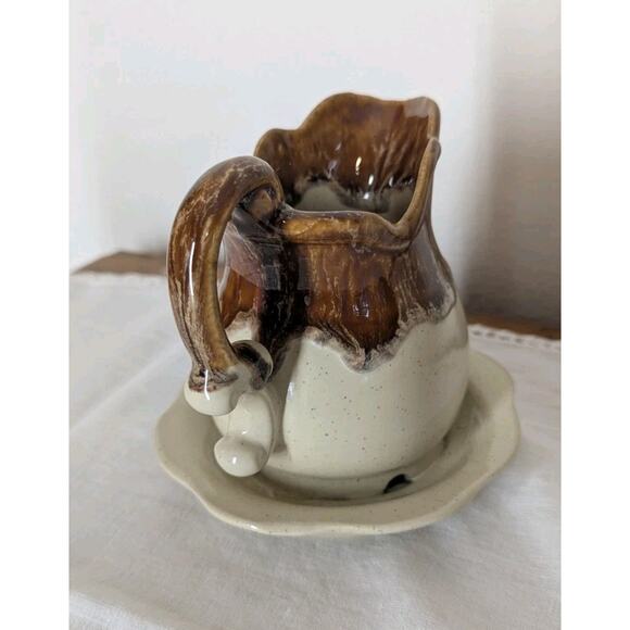 Brown Beige Glazed Pottery Small Planter Pitcher With Attached Saucer 5" x 5" - Picture 3 of 9